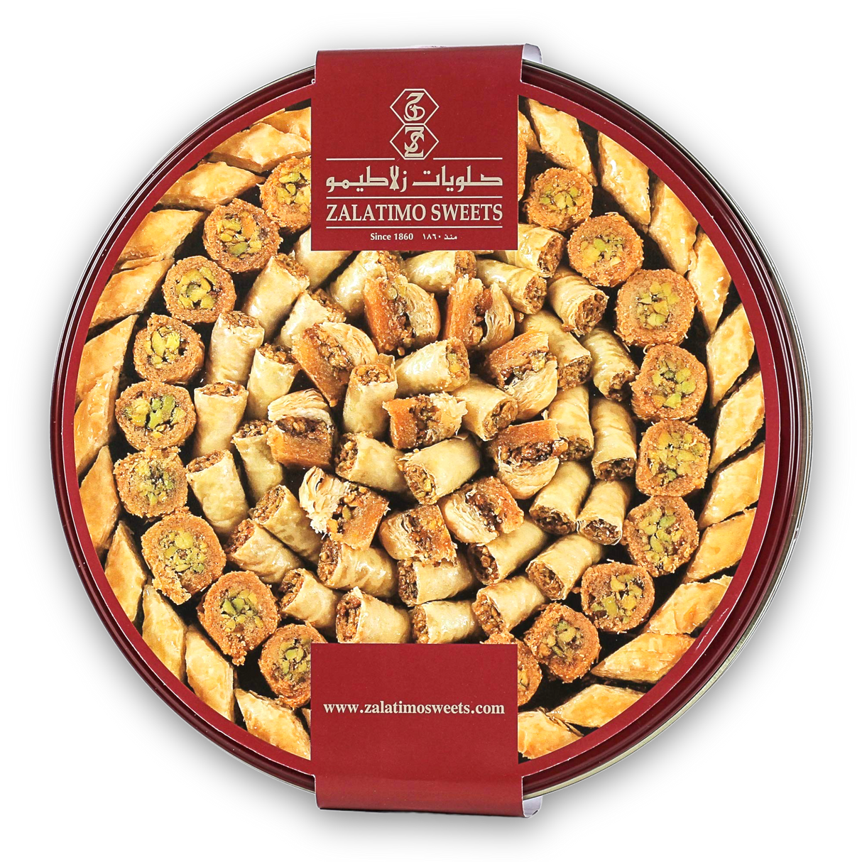 Zalatimo Baklava Sweets 1KG Round Tin - CrescentMarket